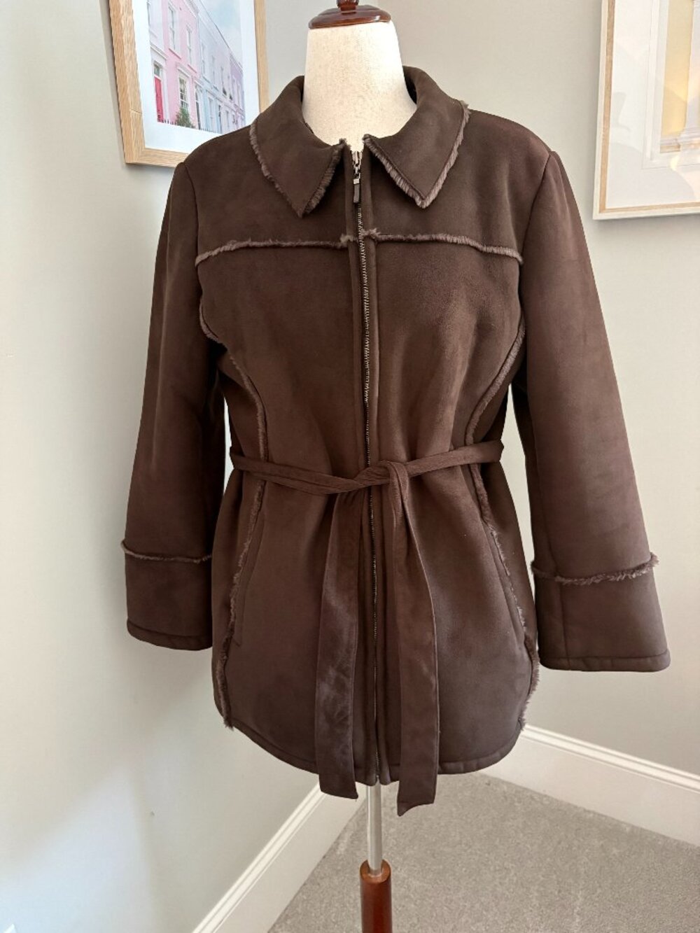 Vintage Y2K Wilsons Leather L Brown Faux Shearling Coat Genuine Fox Fur Belted